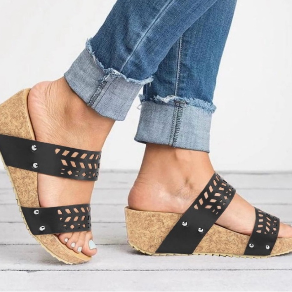 Platform Women’s Size 10 Wedge Sandals Slip on Cork Shoes Black & Brown